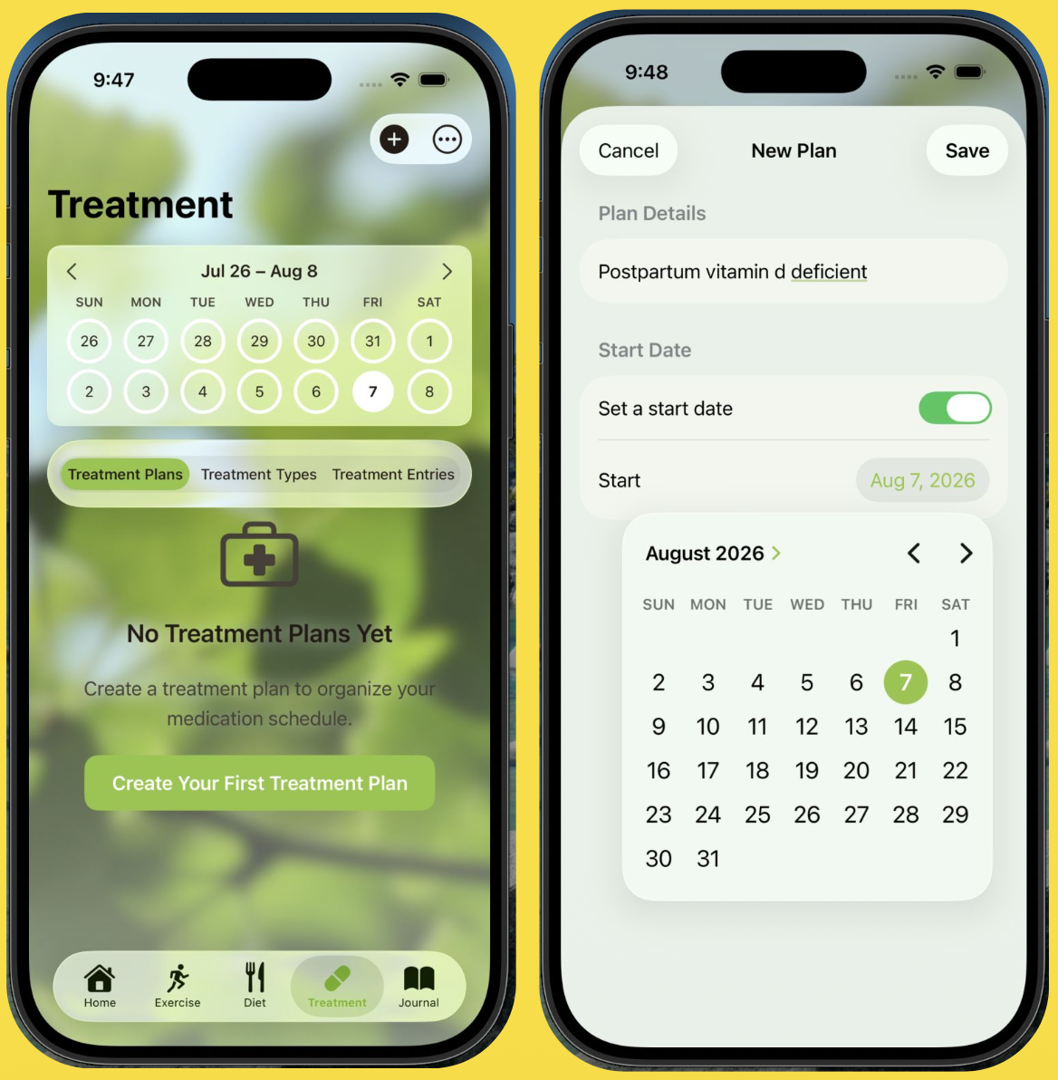 VIVIStella Treatment calendar and treatment plan creation screens